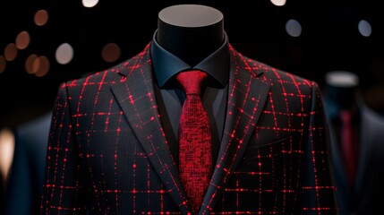 Mannequin displays a suit with a pixelated red pattern and a matching tie, set against a dark background.