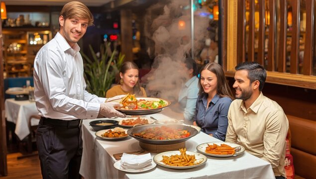 Waiter Serving Delicious Food to Happy Diners in a Cozy Restaurant Setting - Powered by Adobe