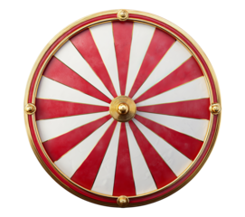 Red and white striped wheel with gold accents isolated on a transparent background