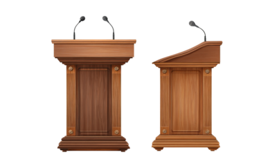 Wooden podiums with microphones isolated on a transparent background