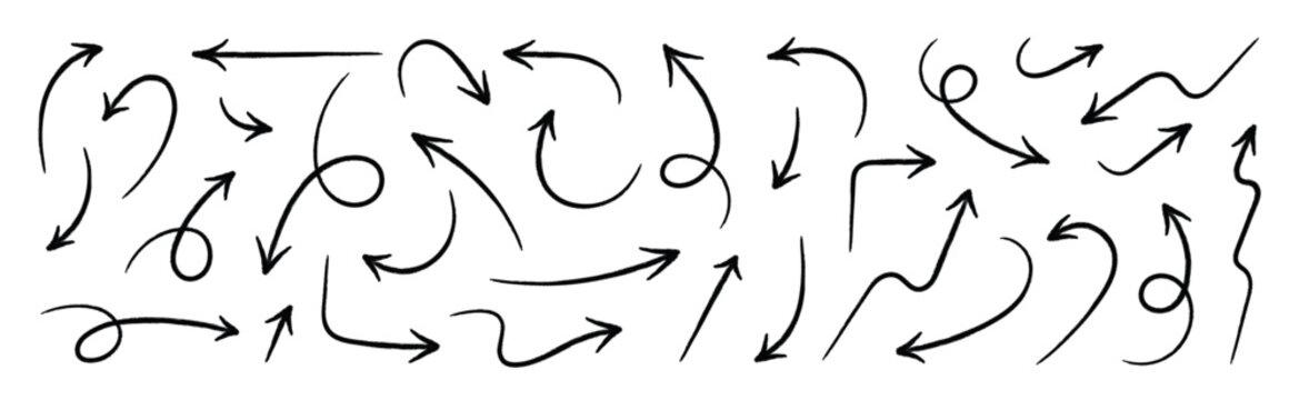 Hand drawn arrow doodles - Sketchy black arrows set, Marker pen pointer icons, Curvy directional symbols.