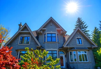 Top of a luxurious grey stucco home in Vancouver in the springtime with a shingle roof, lush trees, and lovely windows.