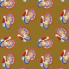 A bright multi-colored pattern with a stylized funny turkey