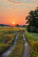 Sunrise over a meadow and country road on a summer morning. Picturesque countryside with a dirt road