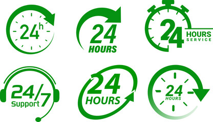 24/7 service icon collection with continuous support symbols, clock motifs, and circular arrows for business availability and customer service branding