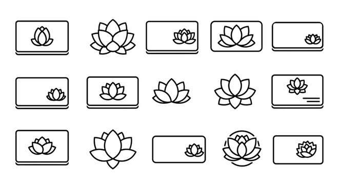 Collection of stylized lotus flower icons and business card templates, presented in a clean, minimalist white outline on a black background, symbolizing purity, enlightenment, and tranquility for
