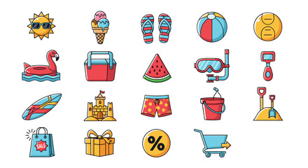 A vibrant collection of summer vacation icons, perfect for travel and lifestyle themes, featuring a sun with sunglasses, ice cream cone, flip-flops, beach ball, snorkeling gear, surfboard