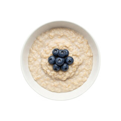 Bowl of oatmeal with blueberries isolated on transparent background, top view