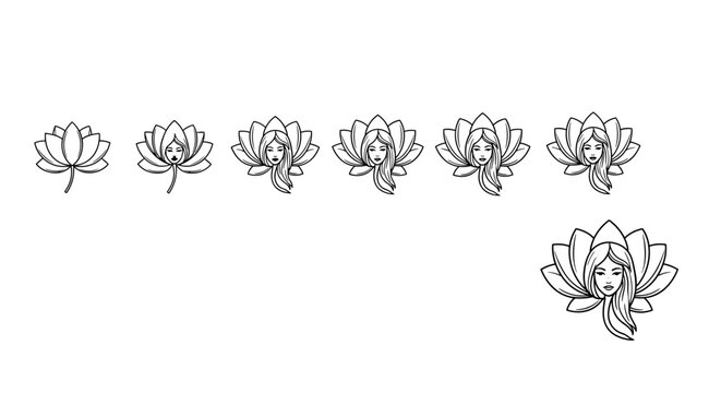 Abstract illustration of a blooming lotus flower with a serene female face emerging from its petals, symbolizing spiritual growth, enlightenment, and inner peace. This artistic representation