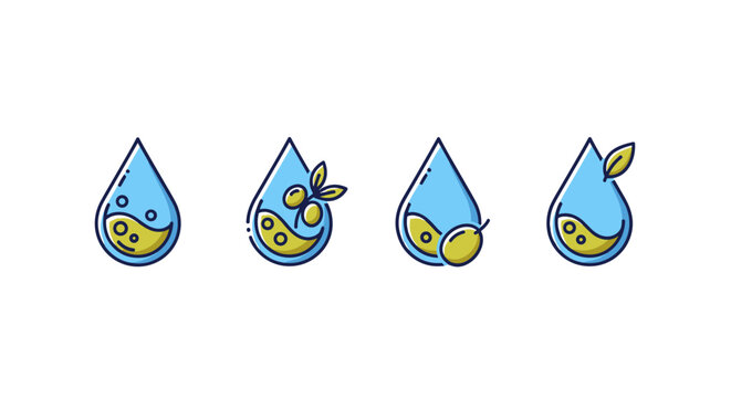 Set of four stylized water drops, each containing a yellow liquid and small circles, with the second drop featuring olives on a branch and the fourth drop adorned with a green leaf, representing