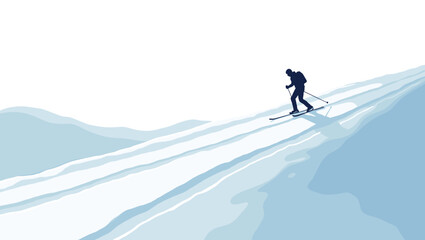 Lone skier moving uphill on bright nordic skiing track under sunny winter sky. Concept of determination and solitude