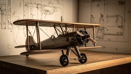 A nostalgic tribute to early aviation, featuring a meticulously crafted biplane model on a desk before its design schematics
