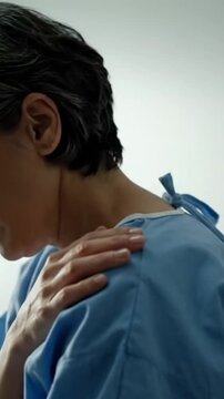 Mature Patient Experiencing Sharp Shoulder Pain in Hospital Gown with Natural Light and White Background for Medical Campaign and Health Awareness Content Featuring Body Ache Awareness
