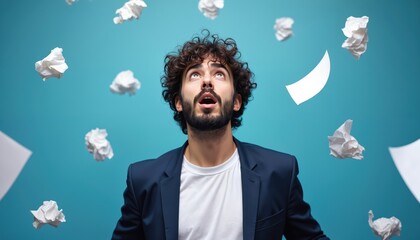 Frustrated man looks up at falling papers, overwhelmed by work. Young businessman stressed by office tasks, feels pressure. Chaos surrounds, tasks pile up, feeling lost. Deadlines loom, workload