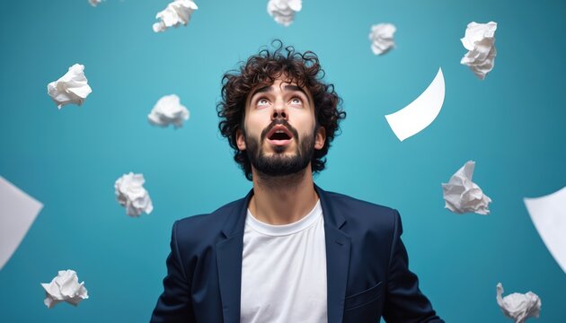 Frustrated man looks up at falling papers, overwhelmed by work. Young businessman stressed by office tasks, feels pressure. Chaos surrounds, tasks pile up, feeling lost. Deadlines loom, workload