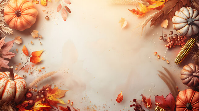 Autumn clean background with orange leaves, pumpkin, corns suitable for using as background, thanks giving day festival