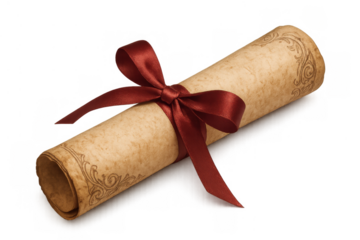 Old paper scroll tied with a red ribbon representing a diploma, certificate, or achievement on transparent background