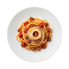 Overhead shot of spaghetti with bolognese sauce isolated on transparent background