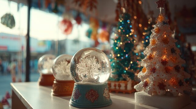 Decorative Snow Globes and Festive Trees Capturing the Essence of Holiday Spirit in a Vibrant Display of Seasonal Cheer and Joyful Celebration