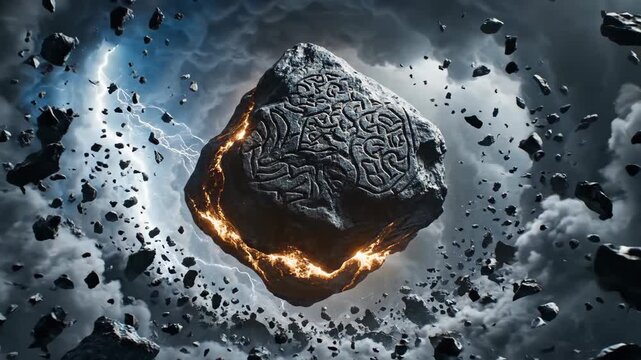 Epic Cosmic Journey Through a Chaotic Asteroid Field with a Glowing Ancient Carved Meteorite