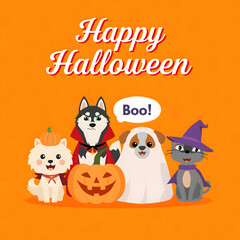 Happy Halloween Gathering of Halloween Characters: A charming collection of costumed pets, celebrating the spooky holiday with smiles, creating a vibrant scene perfect for festive occasions.