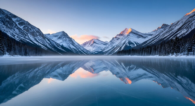 Serene winter landscape with snow-capped mountains reflecting in a calm, misty lake under a clear sky with soft light on the peaks.