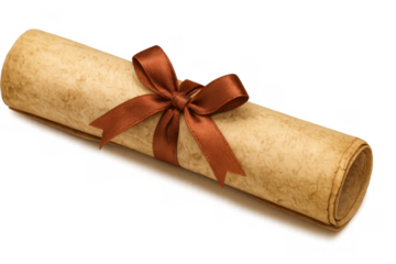 Rolled diploma scroll with brown ribbon symbolizing achievement and graduation on transparent background