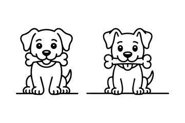 Two happy cartoon puppies sitting and holding a bone in their mouths