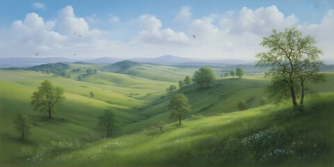 Fototapeta premium Rolling green hills and trees under a blue sky with clouds in the summer