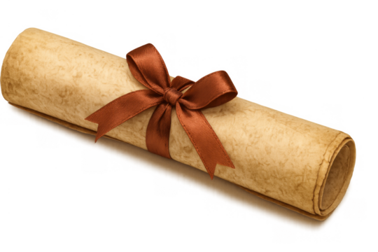Rolled diploma scroll with brown ribbon symbolizing achievement and graduation on transparent background