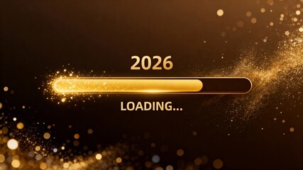 dark background showcases golden loading bar with "2026" in white, conveying anticipation and excitement, alongside LOADING, themes: future tech, digital glow, hopeful progress
