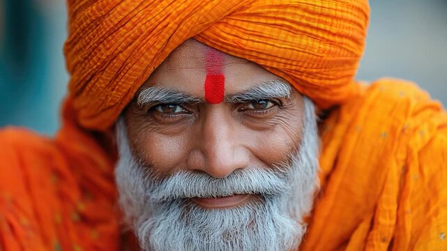 A close-up view of a person's head and neck, adorned with a traditional turban