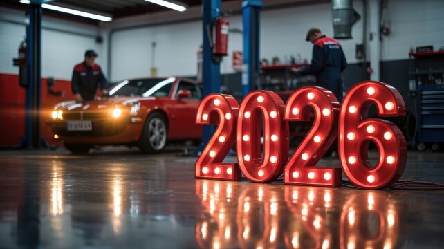 Illuminated marquee numbers 2026 standing in a car repair shop with a sports car in the background