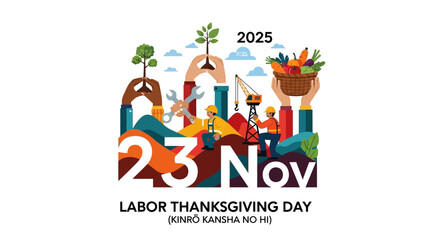 Fototapeta premium Celebrate Labor Thanksgiving Day 2025 with growth, thanks, and industry, showcasing unity and abundance for a bright future of hard work and prosperity worldwide