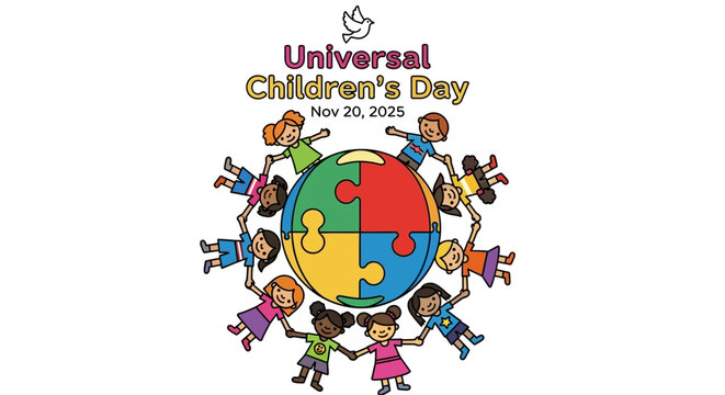 Celebrate Universal Children's Day on November 20, 2025 with diverse kids holding hands around a puzzle globe, promoting unity and peace across cultures