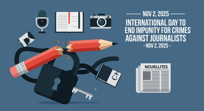 Advocating for journalist safety and freedom of the press with symbolic imagery illustrating the fight against impunity in a world demanding justice and protection