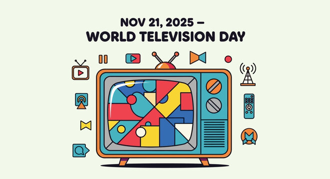 Celebrate World Television Day 2025 with this retro television set broadcasting vibrant geometric patterns and classic media icons, a nostalgic tribute to the evolution of entertainment