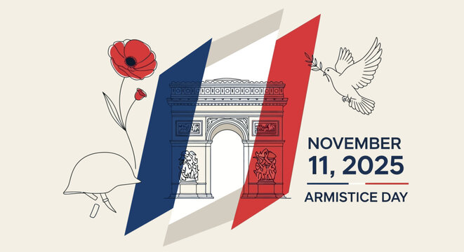 Remembering Armistice Day 2025 with poppies, dove of peace, and Arc de Triomphe, honoring our veterans and celebrating enduring peace on November 11th