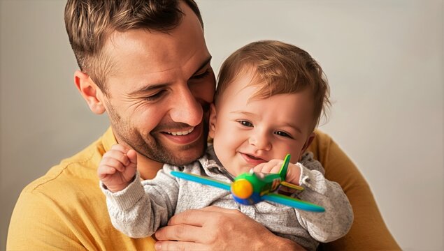 Father Plays With Baby Holding a Toy Airplane in Bright Indoor Setting During Joyful Moment