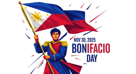 Commemorate Bonifacio Day 2025 with a vibrant illustration of Philippine patriotism, honor the national hero with this symbolic artwork perfect for holiday promotions