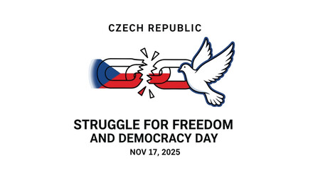 Remembering the Czech Republic's struggle for freedom and democracy, a symbol of hope and peace with a dove soaring over broken chains, symbolizing liberation for November 17, 2025