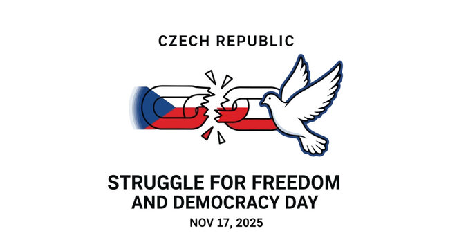Remembering the Czech Republic's struggle for freedom and democracy, a symbol of hope and peace with a dove soaring over broken chains, symbolizing liberation for November 17, 2025