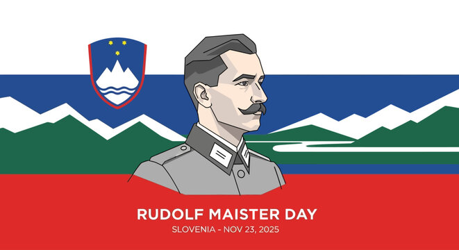 Celebrate Rudolf Maister Day with vibrant Slovenian flag and historical portrait, a tribute to national pride and cultural heritage, perfect for patriotic designs