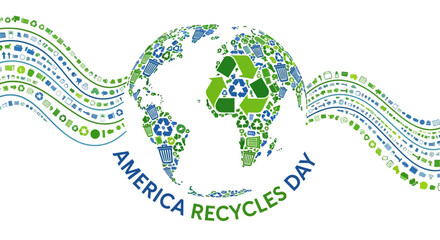 Celebrate America Recycles Day with a vibrant globe illustration composed of countless recycling icons and eco friendly symbols, promoting global sustainability awareness and green initiatives