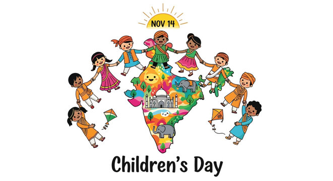 Celebrate the Joy of Children's Day in India with this Adorable Illustration of Kids Holding Hands Around a Colorful Map Featuring Iconic Landmarks and Kites Flying in the Sky
