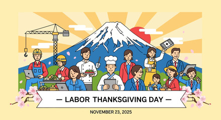 Diverse Japanese workforce celebrating Labor Thanksgiving Day with Mount Fuji backdrop, honoring workers and their contributions to society with pride and appreciation.