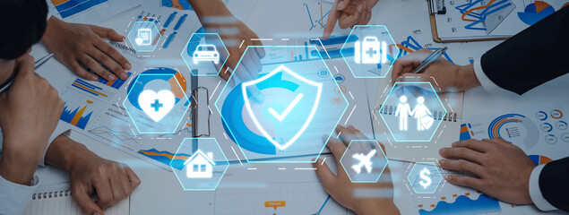 Business professionals engage in strategic planning, utilizing digital icons that represent various sectors while collaborating on data-driven decisions and innovative solutions. Trope