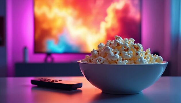 Bowl of fresh popcorn, remote control sit on table. Large TV screen displays vibrant, colorful abstract images. Ambient purple, blue light fills modern room. Creates relaxing atmosphere for fun movie