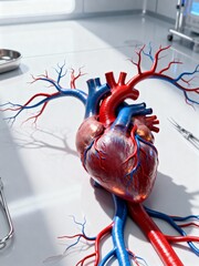 Anatomical Heart Study: A detailed anatomical rendering of a human heart lies on a sterile surface, meticulously displaying its complex vascular network, providing an intricate depiction of the organ.