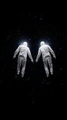 Two figures wearing white suits float in the dark expanse of space with scattered stars.